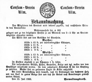Bekanntmachung Konsumverein Ulm 1866